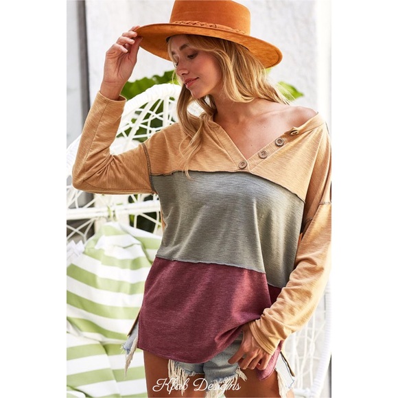 ❤️LAST! V Neck Slub French Terry Color Block Stitching Detail Henley Top! - Picture 2 of 7